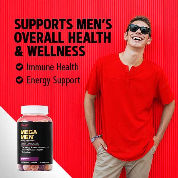 Buy now GNC Mega Men Multivitamin Gummy, Energy, Metabolism, & Immune Support, Mixed Berry, 120 Count at indiglob india