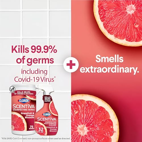 Buy now Clorox Scentiva Disinfecting Multi-Surface Cleaner Spray 32 Ounce & Disinfecting Wipes-75 Count, Tahitian Grapefruit Splash Scent Bundle at indiglob india