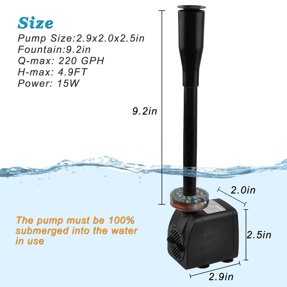 DOMICA 15W 220 GPH Submersible Fountain Pump with LED Light (800L/H), Ultra Quiet Adjustable Water Pump for Water Feature, Hydroponics, Garden, Pond, Aquariums, Fish Tanks, Indoor Outdoor Fountain
