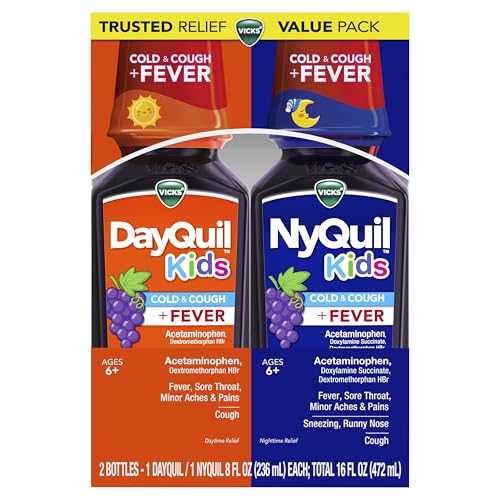 Buy now VICKS DayQuil and NyQuil Kids Grape Cold & Cough + Fever Multi-Symptom Relief Liquid Co-Pack, Specially Formulated for Kids Ages 6+, 2x8 OZ at indiglob india