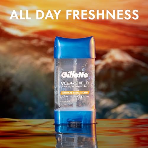 Buy now Gillette Antiperspirant and Deodorant for Men, 72hr Sweat & Odor Protection, Long Lasting Freshness, Anti-White Mark Technology, Clear Gel, Tropical Breeze Scent, 3.8 oz (Pack of 3) at indiglob india