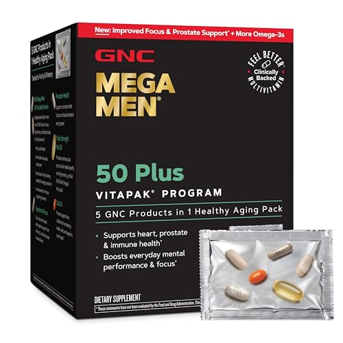 Buy now GNC Mega Men 50 Plus Vitapak Program, Convenient Complete Nutrition, 5 Products in 1 Vitamin Pack, Multivitamin, Fish Oil, Mental Sharpness, Ginkgo, Prostate Health, 30 Packets, 30 Day Supply at indiglob india