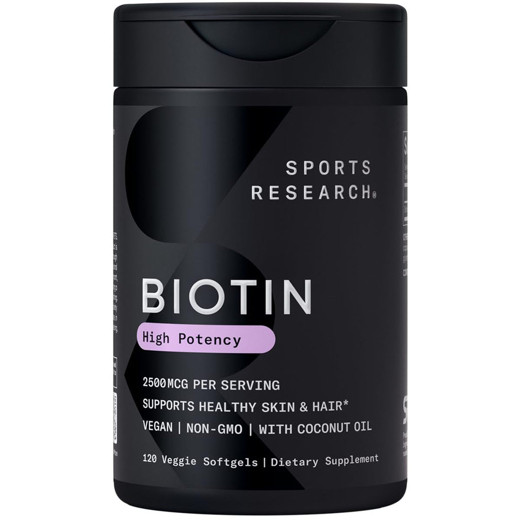 Sports Research® Biotin 10,000mcg w/Coconut Oil, 120 Count Plantgels™ | Max Strength Vegan Biotin (Vitamin B7) for Healthy Skin and Hair Support | Non-GMO, Gluten & Soy-Free, 120 Servings