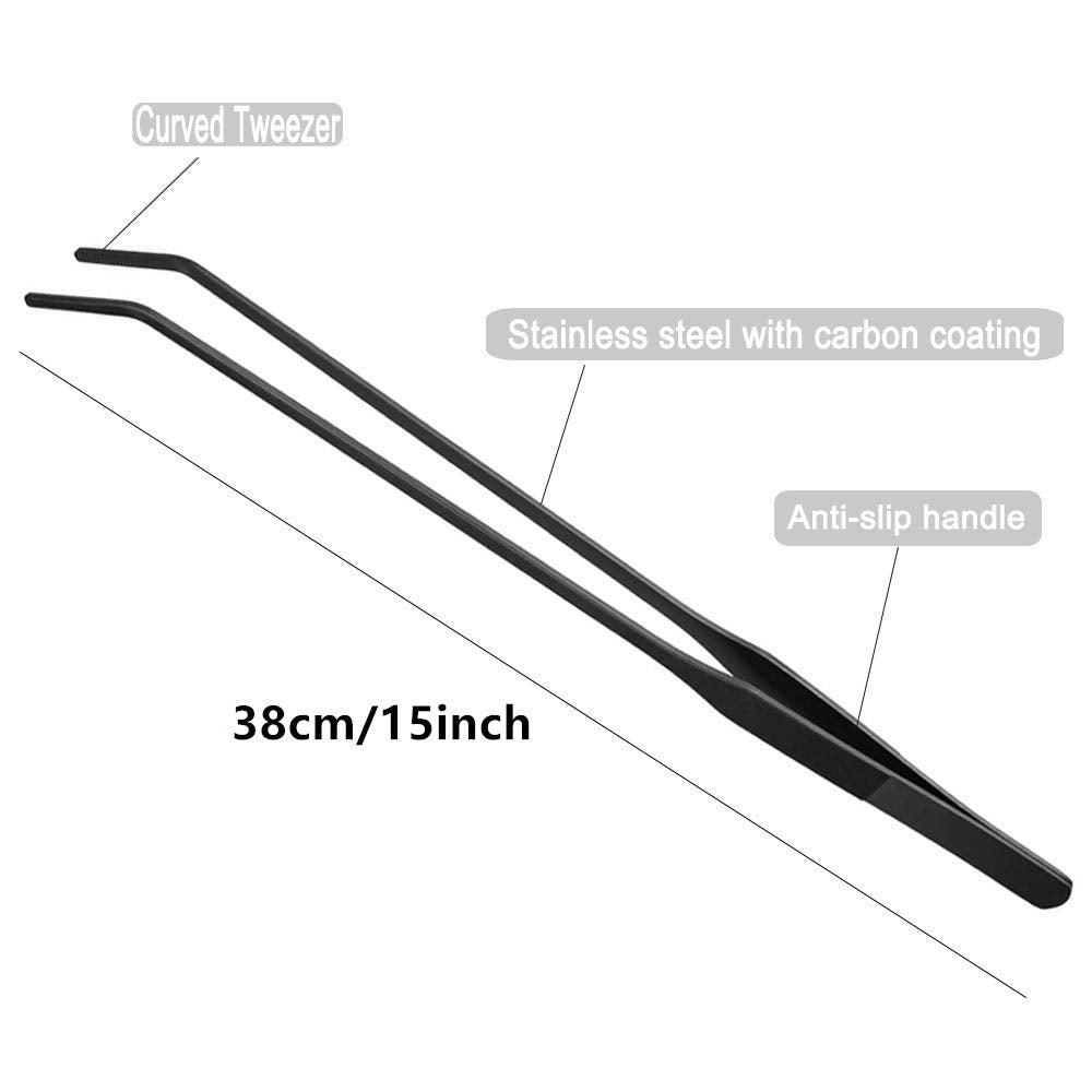 15 inch Black Curved Aquarium Tweezers Stainless Steel Curved Tweezer with Carbonation Protection Coating Against Rust Long Reptiles Feeding Tongs for Aquatic Plants Lizards Spider Snakes