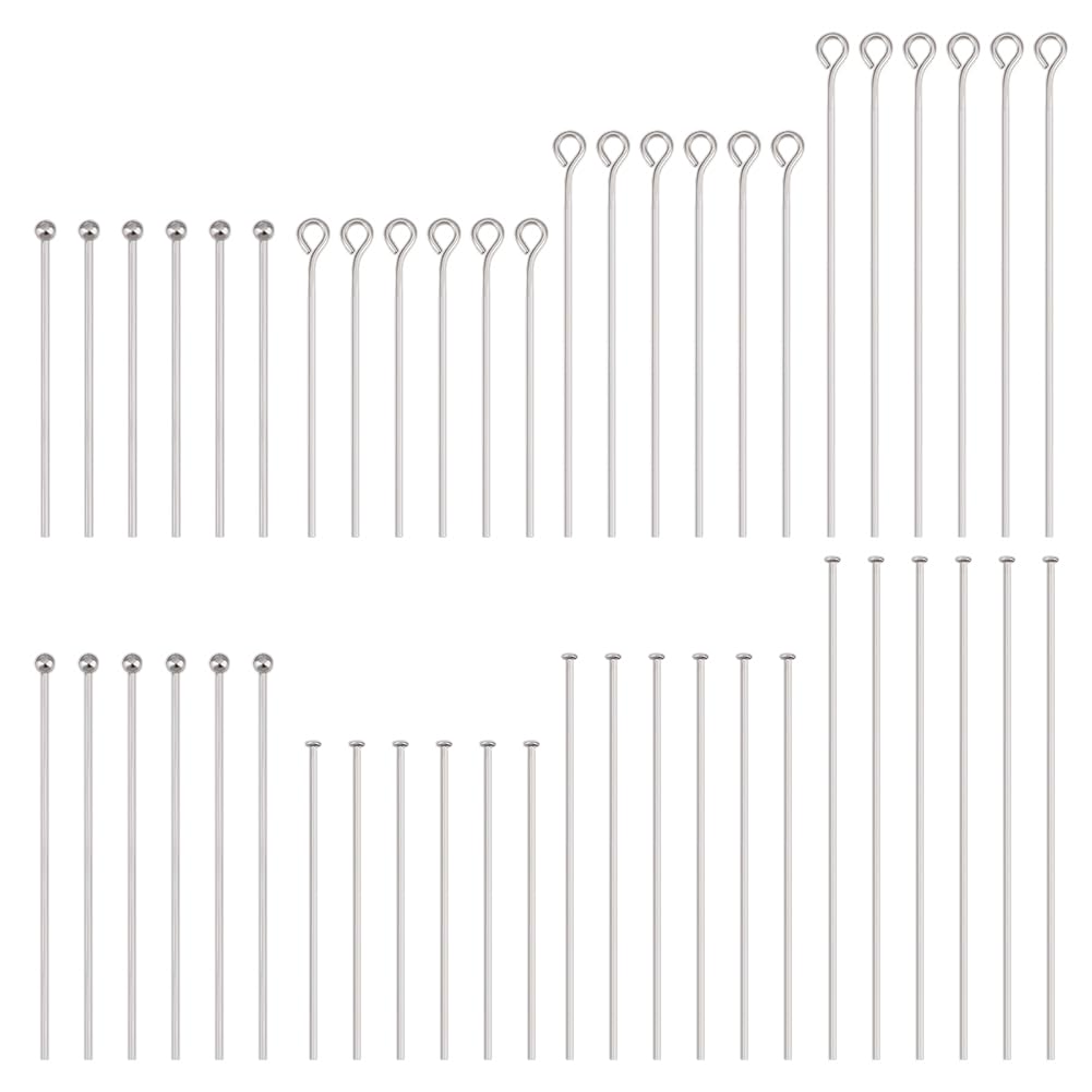 PH PandaHall 560pcs 8 Styles 304 Stainless Steel Eye Pins 30mm 40mm 50mm Head Pins 22 Gauge Ball Head Pin Findings Open Eye Pin for Earring Bracelet Pendant Jewelry Making, Stainless Steel Color