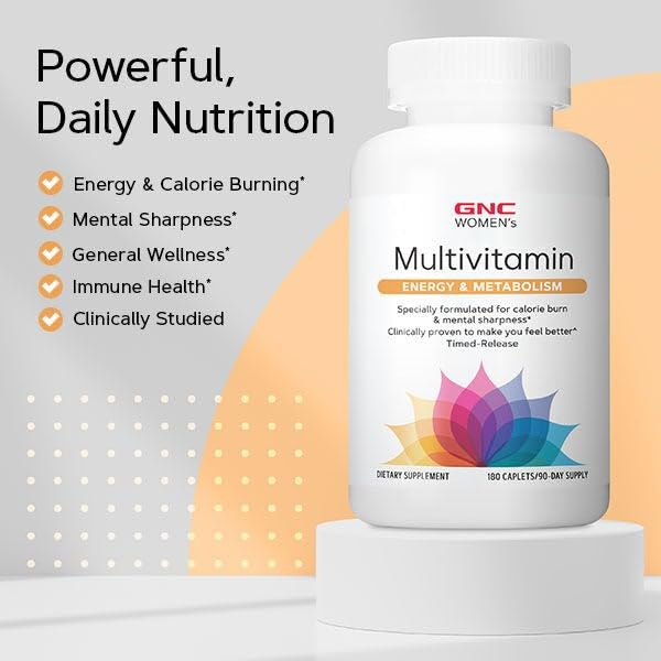 Buy now GNC Womenâ€™s Energy and Metabolism Multivitamin Caplets, Clinically Proven, Calorie Burn, Focus, 100mg Caffeine, Active Nutrition, Immune, Bone, Beauty, Iron, Biotin, Timed Release, 180 ct, 90 svgs at indiglob india