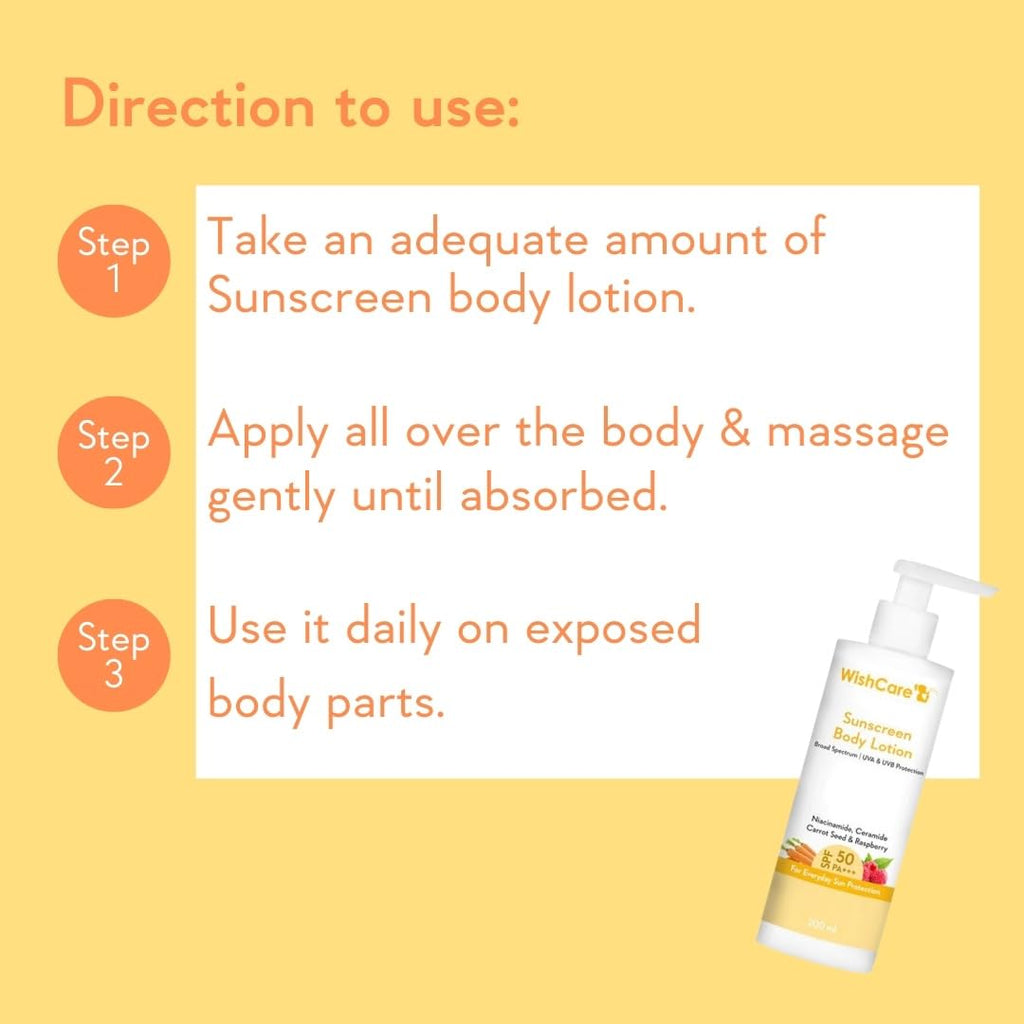 WishCare Sunscreen Body Lotion with SPF 50 PA+++ - Broad Spectrum UVA & UVB Protection, No White Cast, Enriched with Carrot Seed & Raspberry - Body Sunscreen Lotion 200ml (Indian Version)