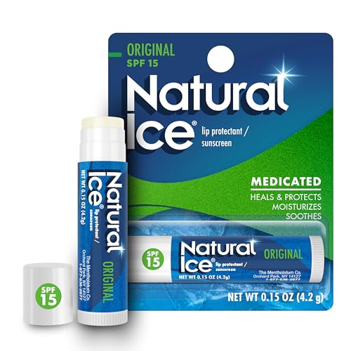 Buy now Mentholatum Natural Ice Original Medicated Lip Balm, Hydrating Lip Care for Dry, Chapped Lips, Moisturizing Formula with SPF 15 Helps Prevent Sunburn, Protection for Smooth, Soft Lips (Pack of 12) at indiglob india