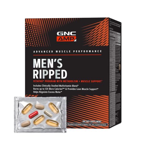 Buy now GNC AMP MenÆ’??s Ripped Vitapak Program, 4 in 1 Product Vitamin Pack, Metabolism & Lean Muscle Tone, Burn Calories, Water Shedding, Adult Multivitamin, Caffeine, CLA, Proven Ingredients, 30-Day Supply at indiglob india