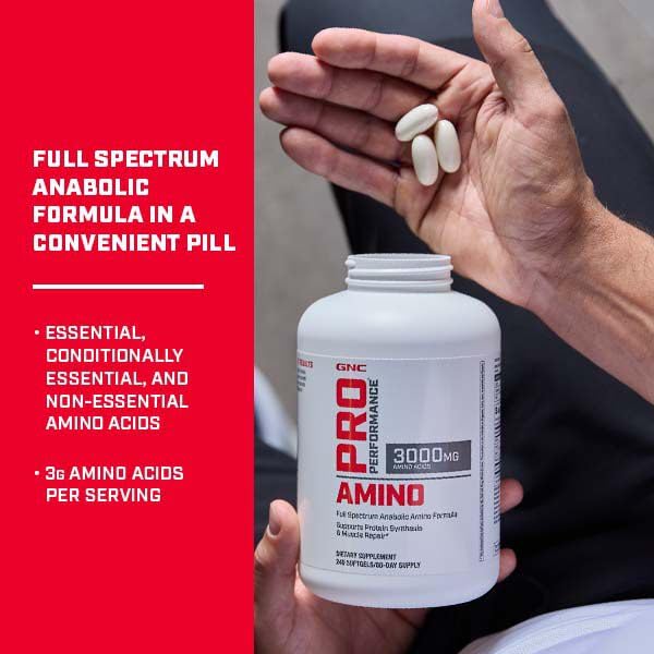 Buy now GNC Pro Performance Amino 3000mg, 240 Softgels, Supports Protein Synthesis and Muscle Repair at indiglob india