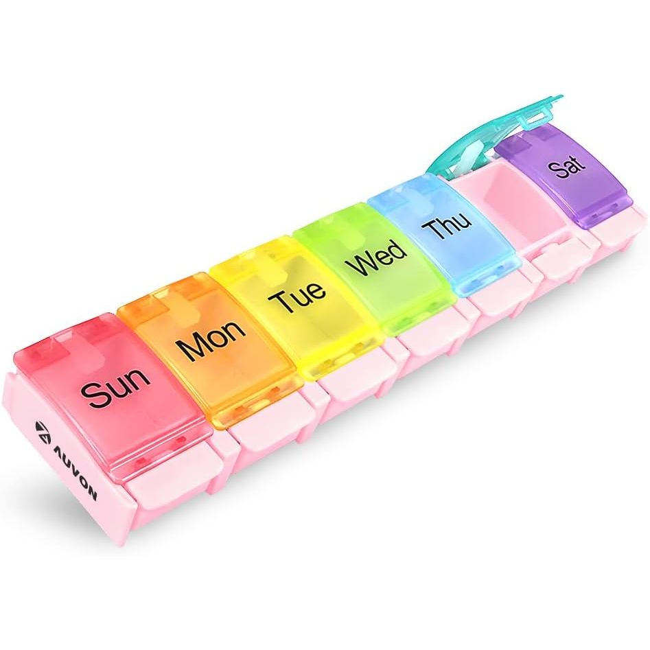 Buy now AUVON Weekly Pill Organizer Arthritis Friendly, BPA Free Travel 7 Day Pill Box Case with Spring Open Design and Large Compartment to Hold Vitamins, Cod Liver Oil, Supplements and Medication Pink at indiglob india