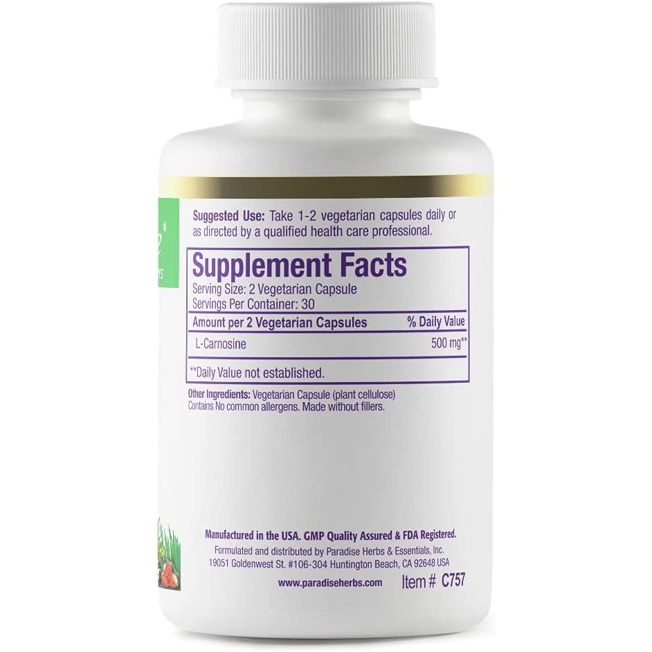 Buy now Paradise Herbs L-Carnosine, Super Potent, Ultra Pure, Antioxidant, Vegan, Non GMO, Gluten Free, 60 Vegetarian Capsules at indiglob india