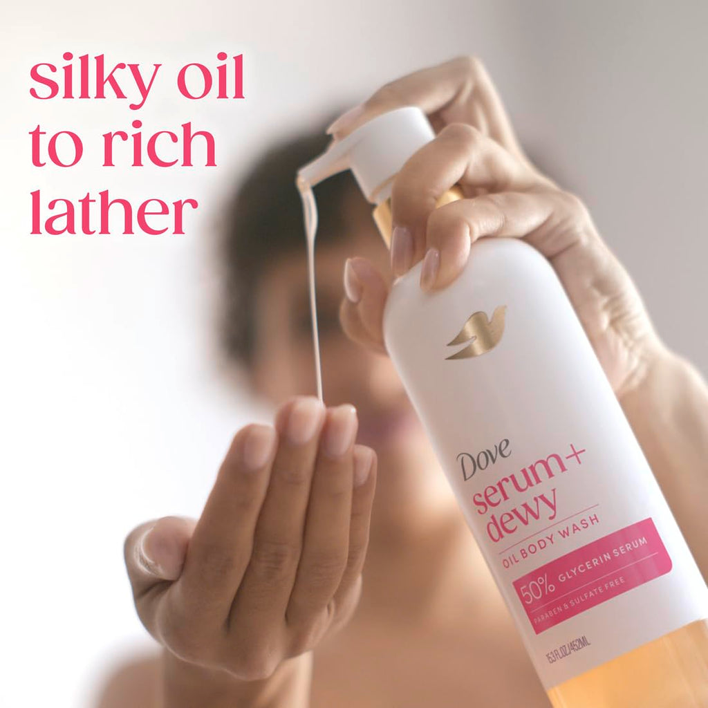 Dove Serum+Shower Oil Body Wash Dewy, Coconut & Geranium Oil, 15.3 fl oz | Hydrating shower oil body wash with glycerin serum for soft, dewy skin without greasy residue
