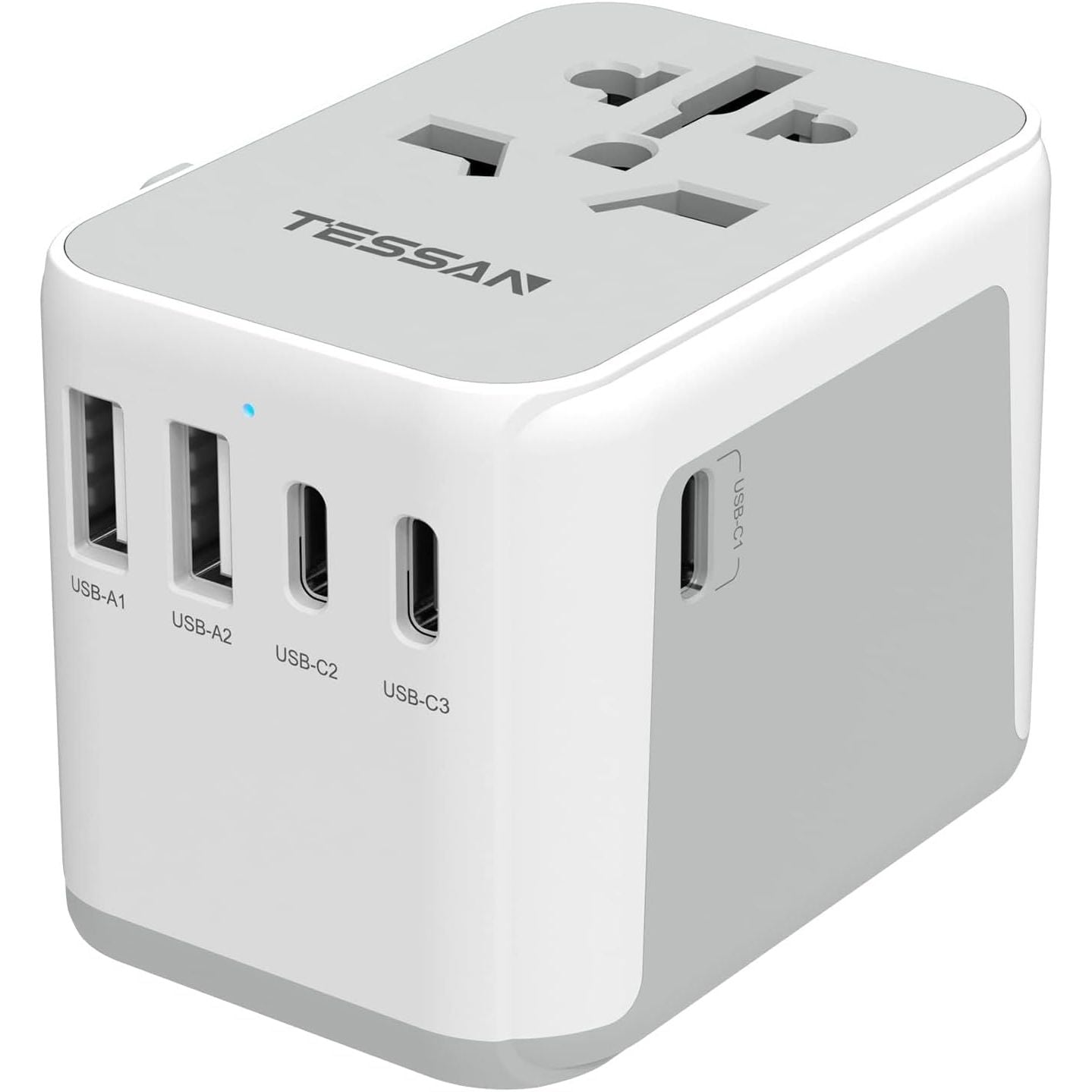 Buy now TESSAN Universal Travel Adapter, International Power Adapter 5.6A 28W 3 USB C 2 USB A Ports, Travel Worldwide Plug Adaptor, Outlet Wall Charger for Europe UK EU AUS (Type C/G/A/I) Grey white at indiglob india