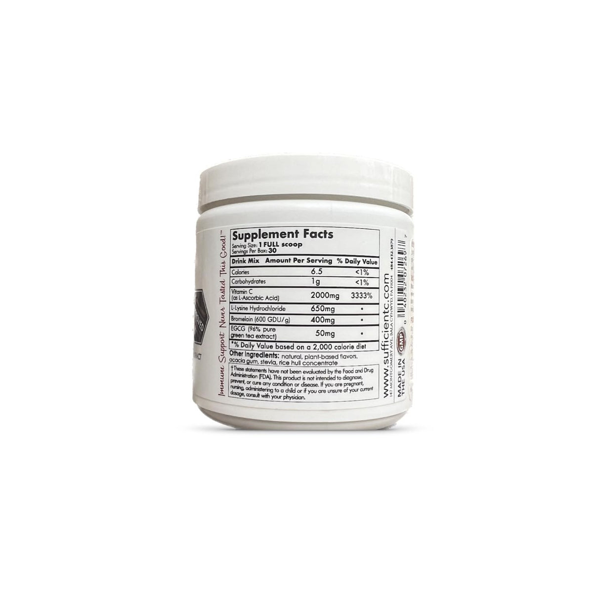 Sufficient-C High Dose Non-GMO Vitamin C Lemon Peach Immune-Ade Drink Mix, Convenient 125 Gram Size w/L-lysine, Bromelain & a Premium 96% Pure Green Tea Extract - Stomach Friendly, Adrenal Supportive