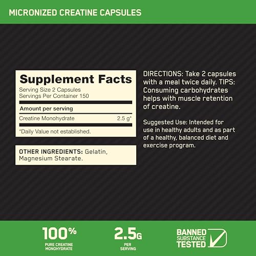 Buy now Optimum Nutrition Micronized Creatine Monohydrate Capsules, Keto Friendly, 2500mg, 300 Capsules (Packaging May Vary) at indiglob india