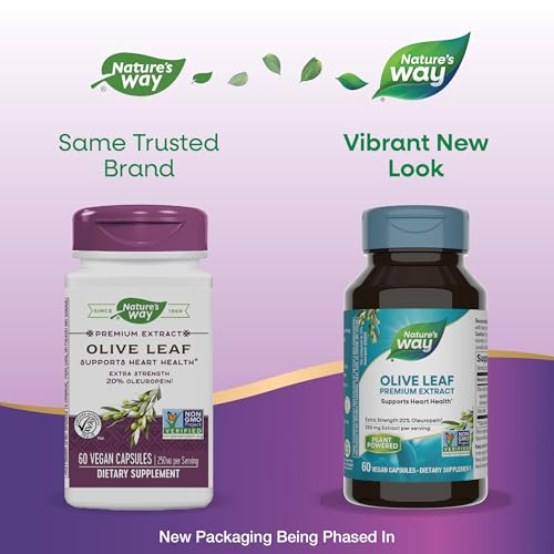 Buy now Nature's Way Olive Leaf, Premium Extract, Supports Heart Health*, 20% Oleuropein, 250 mg per serving, Non-GMO Project Verified, 60 Vegan Capsules (Packaging May Vary) at indiglob india