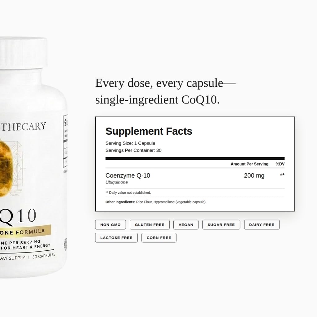 Coenzyme Q10 CoQ10 200mg Capsules - Heart Health Energy Antioxidant Cardiovascular Support Cellular, Ubiquinone, Non-GMO Gluten Free, 30 Count