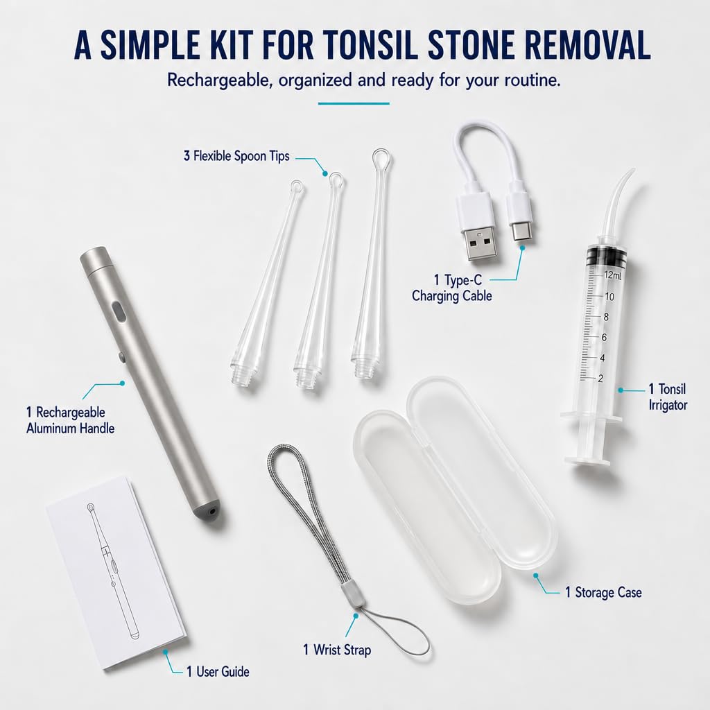 Easy Tonsil Stone Remover- Electronic Tonsil Stone Removal Kit with Aluminum Alloy Body, Built-in LED Light & Flexible Probe - Painless Tonsillolith Remover Tool for Bad Breath - Rechargeable