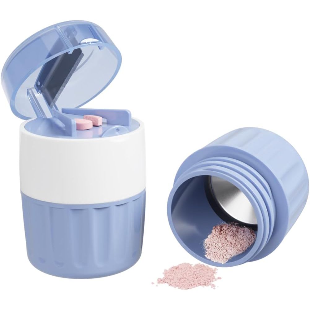 Buy now EZY DOSE 3 Compartment Pill Crusher, Cutter and Grinder, Daily Usage, Safely Cut Pills, Vitamins, Tablets, Accurate and Easy Cutting, Stainless Steel Blade, Removable Drinking Cup, Blue, BPA Free Light Blue at indiglob india