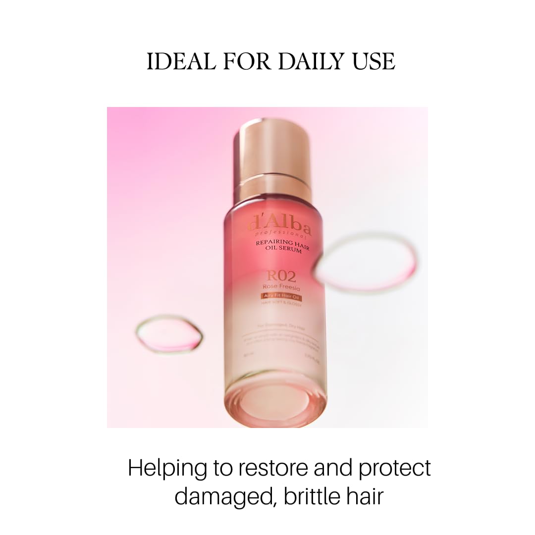 d'alba Piedmont Professional Reparing Hair Oil Serum (2.54 fl oz), Silky and Glossy Hair, Lightweight & Airy Finish, Argan Oil, Amino Acid, Protein Complex, Rose Freesia Scent