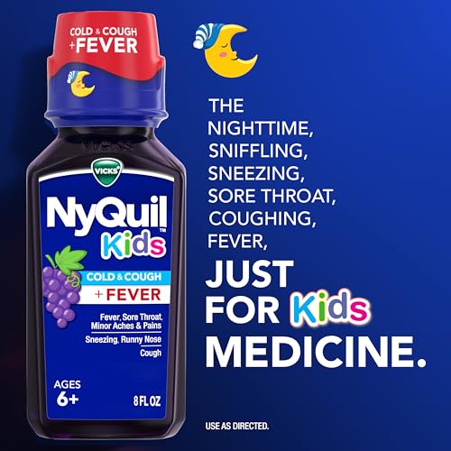 Buy now VICKS DayQuil and NyQuil Kids Grape Cold & Cough + Fever Multi-Symptom Relief Liquid Co-Pack, Specially Formulated for Kids Ages 6+, 2x8 OZ at indiglob india