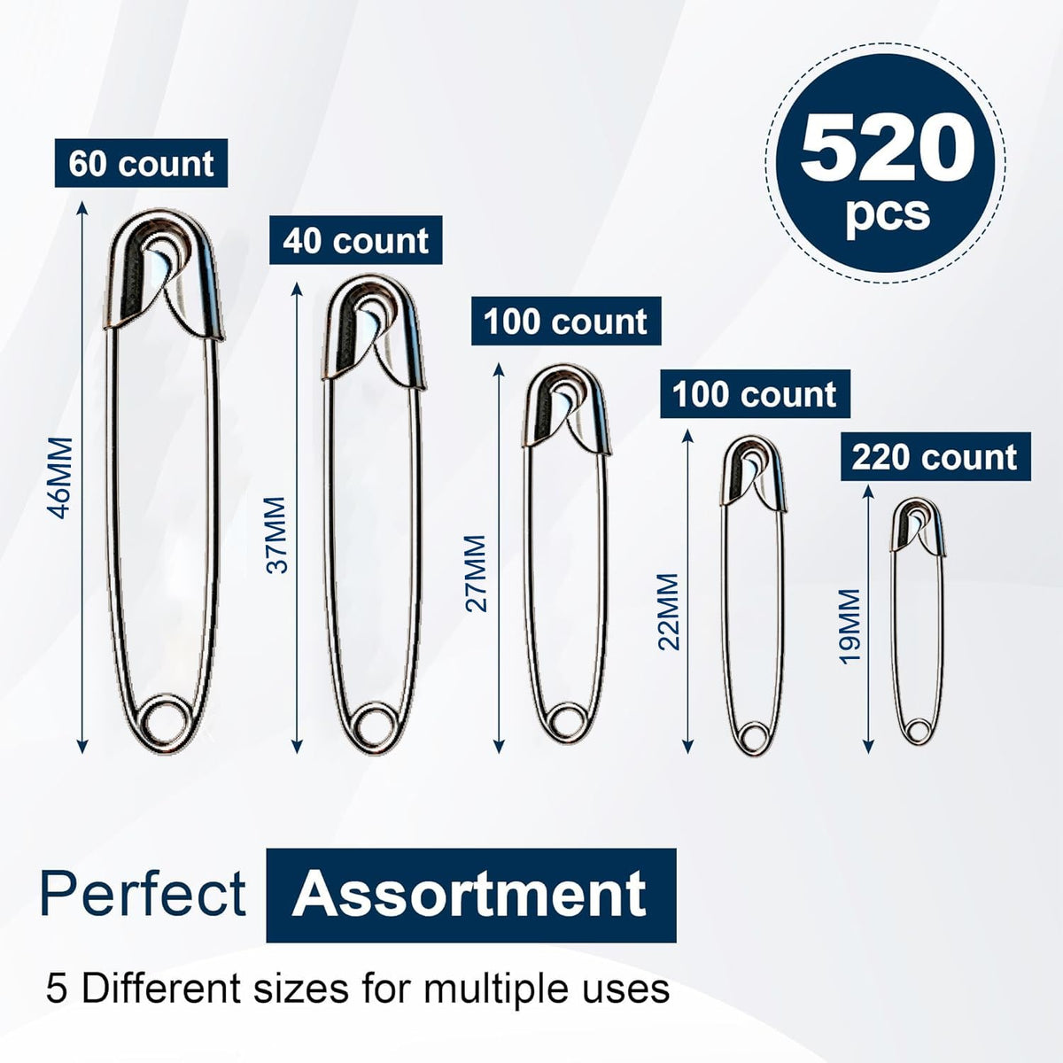 Assorted size safety pins bulk pack, 520 pcs, 100% authentic at Curat Cart, available in India for versatile use.