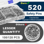 Elevate your sewing kit with 520 assorted safety pins in multiple sizes, organized for convenience. Perfect for daily use, available at Curat Cart.