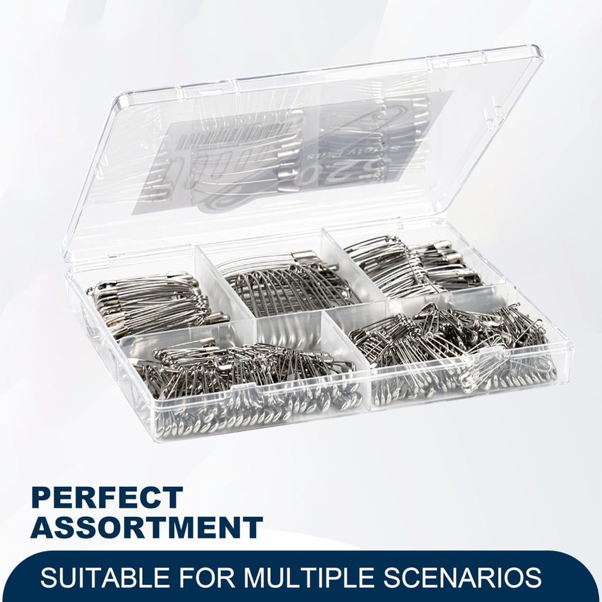 Assorted size bulk safety pins in clear official packaging, perfect for multiple scenarios. Available at Curat Cart.