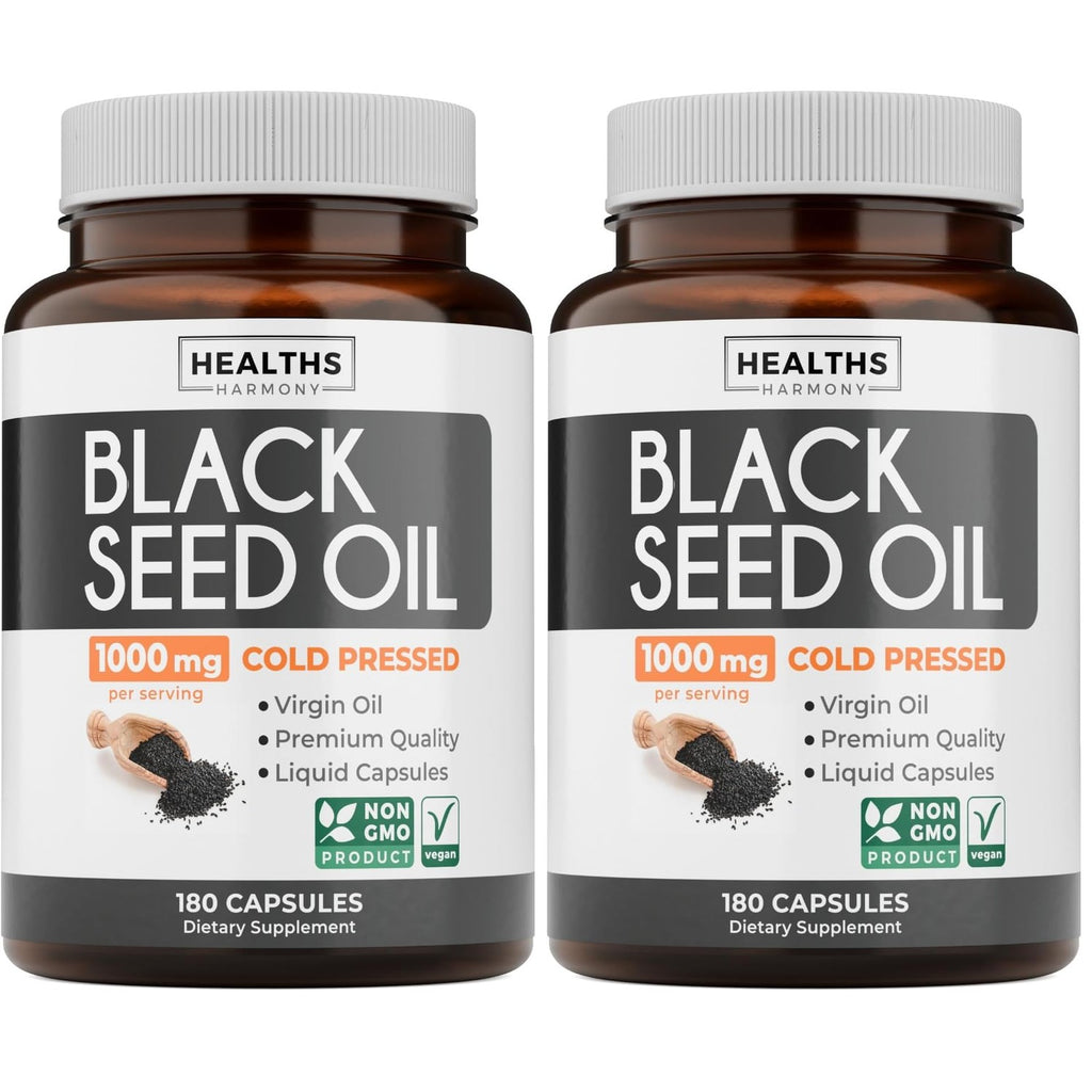 Black Seed Oil - 120 Softgel Capsules Skin Health (Non-GMO & Vegan) Cold-Pressed Nigella Sativa Producing Pure Black Cumin Seed Oil with Vitamin E - 500mg Each, 1000mg Per 2 Capsule Serving