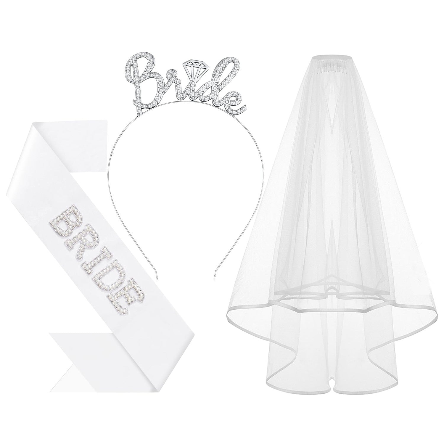 3Pcs Bride to Be Headband with Sash and Veil for Bachelorette Party | Bride Decorations, Bridal Shower Favors, Wedding Accessories for Gift