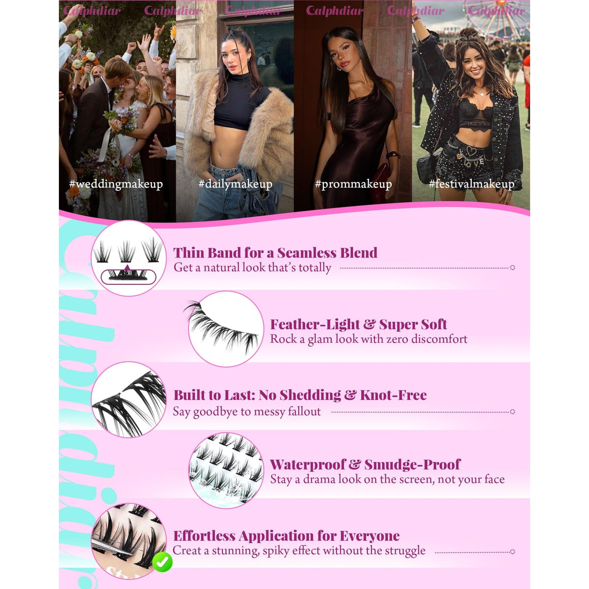 Enhance your look with Calphdiar Bottom Lash Clusters for a natural blend. Waterproof and easy to apply. Verified by CuratCart.