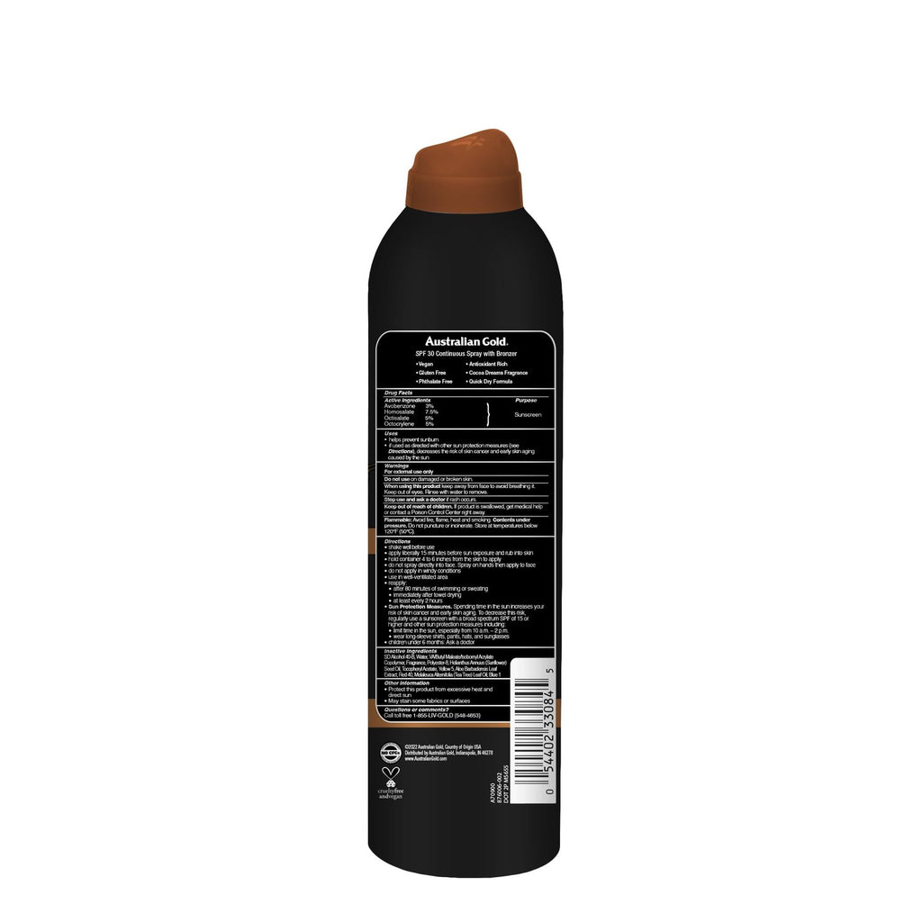 Australian Gold Continuous Spray Sunscreen with Instant Bronzer SPF 30, Immediate Glow & Dries Fast Water Resistant NonGreasy Oxybenzone Free Cruelty Free, Bronzer New, Orange, 6 Oz