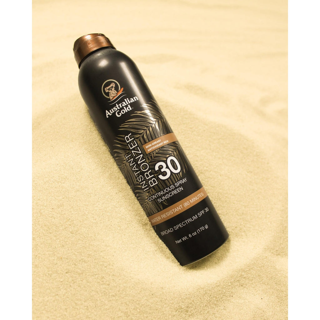 Australian Gold Continuous Spray Sunscreen with Instant Bronzer SPF 30, Immediate Glow & Dries Fast Water Resistant NonGreasy Oxybenzone Free Cruelty Free, Bronzer New, Orange, 6 Oz