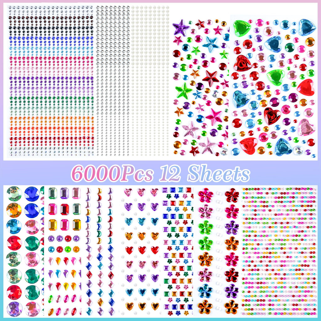 Pack of 6000 self-adhesive gem stickers featuring colorful shapes like stars and hearts across 12 sheets, perfect for crafts.