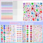 Pack of 6000 self-adhesive gem stickers featuring colorful shapes like stars and hearts across 12 sheets, perfect for crafts.