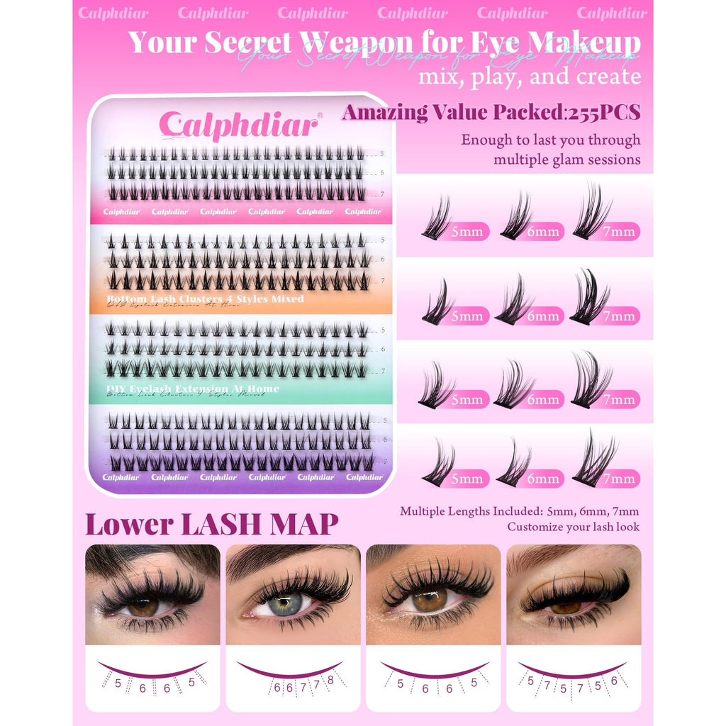 Enhance your look with Calphdiar Bottom Lash Clusters. Available online, 255 pieces in various lengths. Order today!