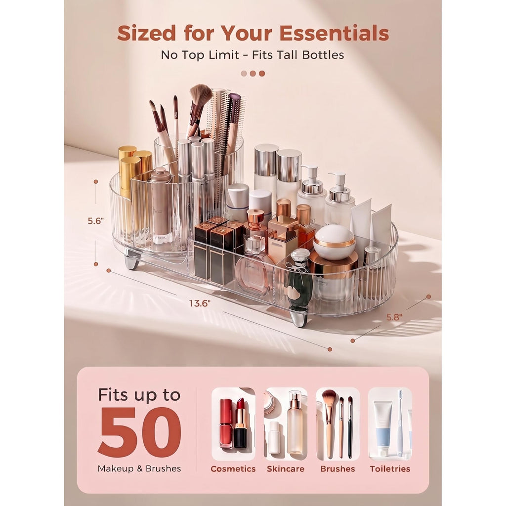 Booklov rotating makeup organizer holds up to 50 items, suitable for cosmetics, skincare, brushes, and toiletries. Verified by CuratCart.