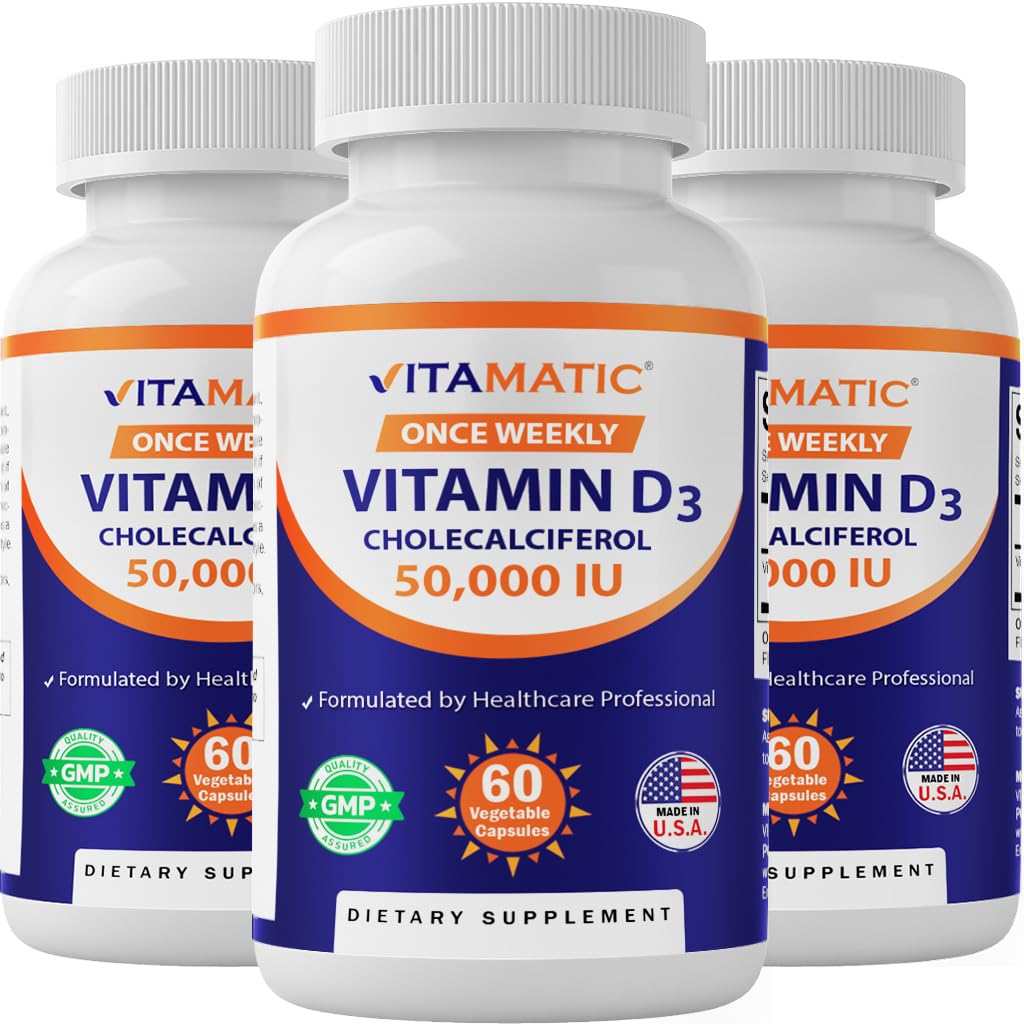 Vitamatic 3 Pack Vitamin D3 50,000 IU (as Cholecalciferol), Once Weekly Dose, 1250 mcg, 60 Veggie Capsules 1 Year Supply, Progressive Formula Helping Vitamin D Deficiencies | Supports Bone, Teeth & Immune Health*, Non GMO, Gluten Free, Made in USA