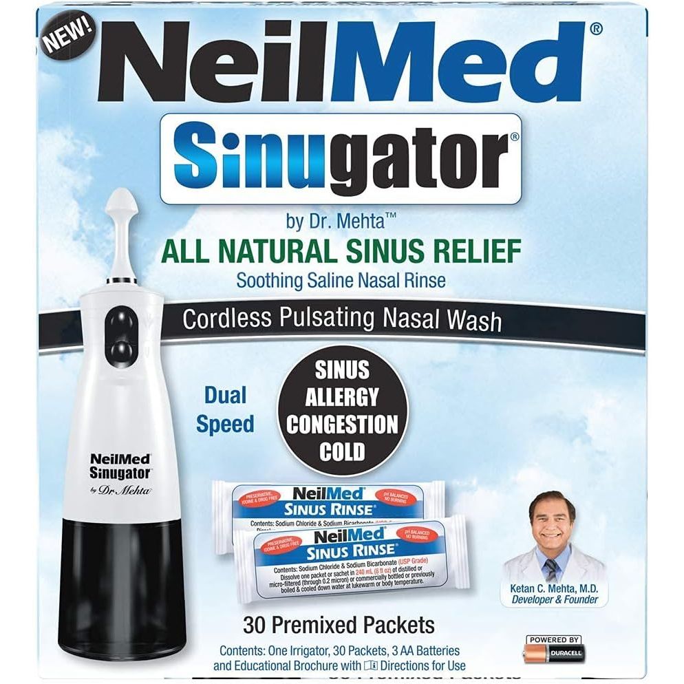 Buy now NeilMed Sinugator Cordless Pulsating Nasal Wash Kit with One Irrigator, 30 Premixed Packets and 3 AA Batteries(Pack of 1) 34 Piece Set Black at indiglob india