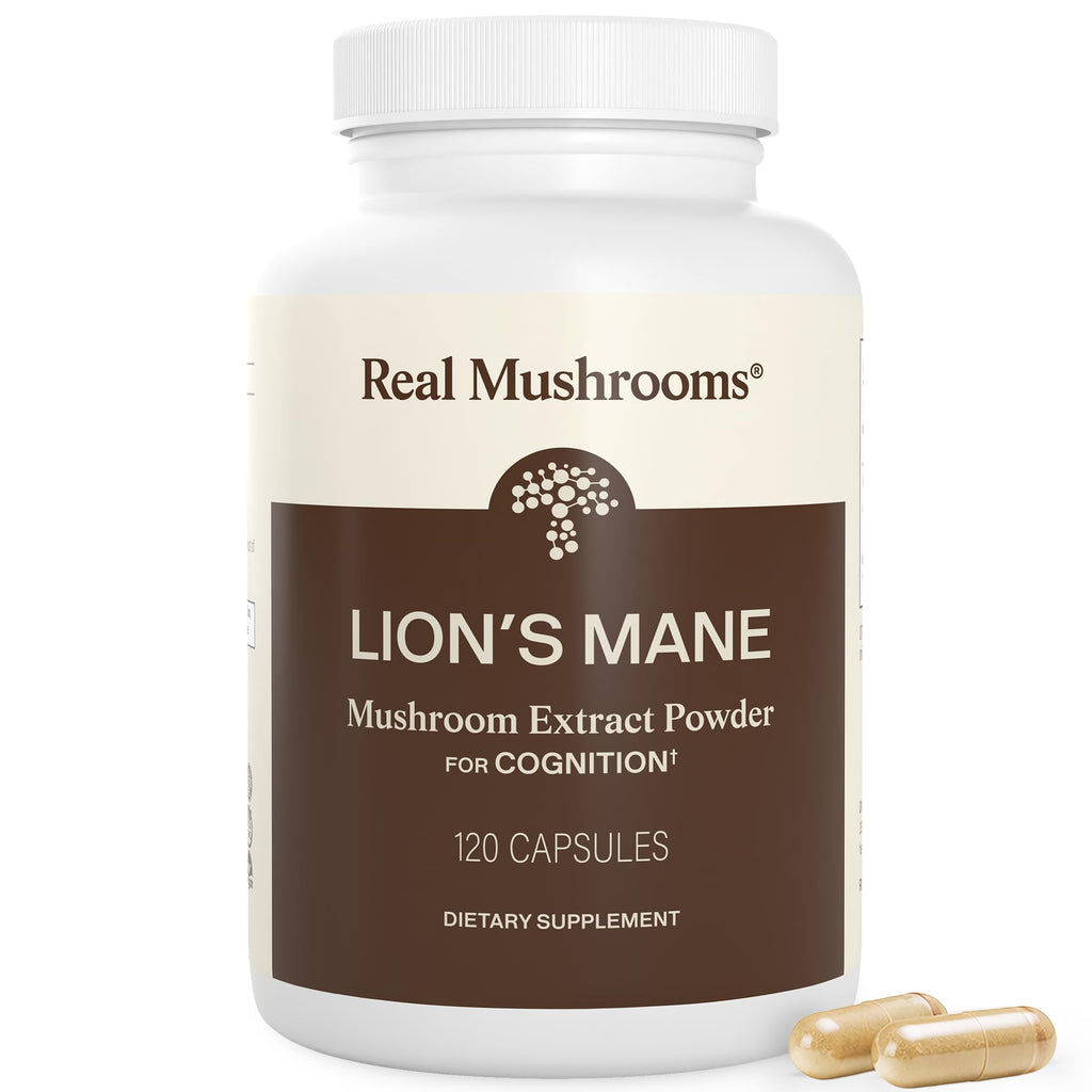 Real Mushrooms Lion's Mane Capsules, Brain, Focus and Cognition, 120ct | Organic Lion's Mane Extract for Wellness, Focus, Clarity Support, Vegan Non-GMO Powder, Daily Use, Verified Beta Glucans
