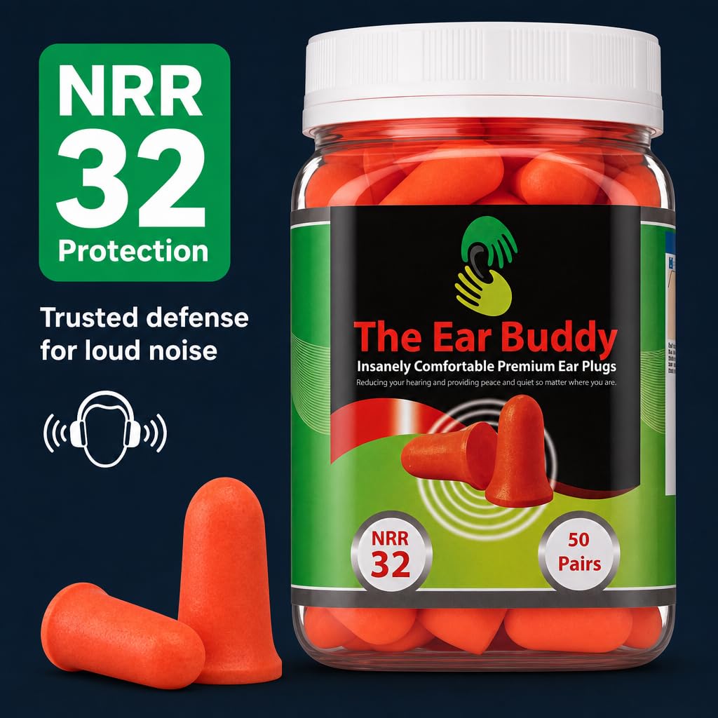 The Ear Buddy Premium Soft Foam Ear Plugs for Sleeping Noise Cancelling, Hearing Protection Earplugs for Shooting Range, Concerts, Work & Travel, Noise Reduction Rating 32 Decibels, 50 Pairs