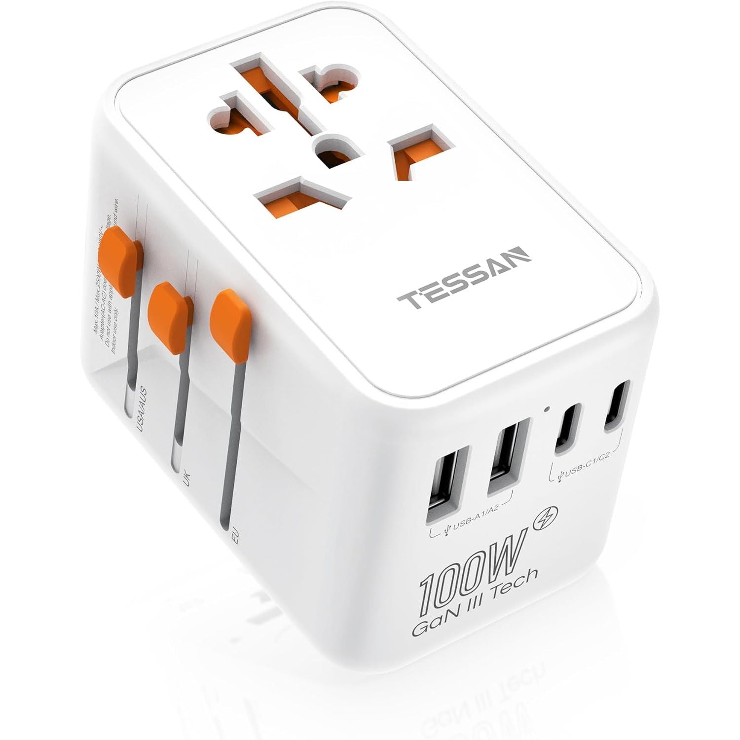 Buy now TESSAN Universal Travel Adapter, International Power Adapter 5.6A 28W 3 USB C 2 USB A Ports, Travel Worldwide Plug Adaptor, Outlet Wall Charger for Europe UK EU AUS (Type C/G/A/I) Orange white at indiglob india