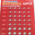 50pcs Alkaline Cell Batteries Assorted 1.5 Volt AG1/LR621 AG3/LR41 AG4/LR626 AG10/LR1130 AG12/LR43 AG13/LR44 Coin Batteries Set 0% Mercury
