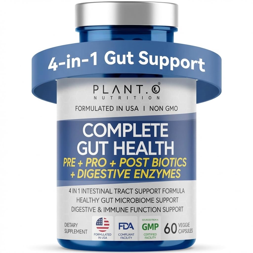 4-in-1 Gut Health Support – Prebiotics + Probiotics + Postbiotics + Digestive Enzymes for Women and Men – DE111 Spore Probiotic for Digestive Support & Bloating – Non-GMO – 60 Veggie Capsules