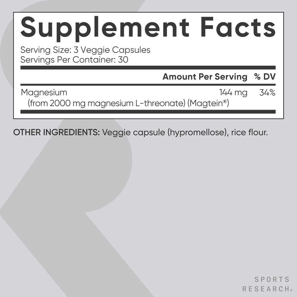 Sports Research® Magnesium L-Threonate 2000mg w/Magtein®, 90 Count | 2000mg/144mg Elemental Mag per Serving - Brain & Sleep Support - Vegan, Non-GMO, Gluten-Free