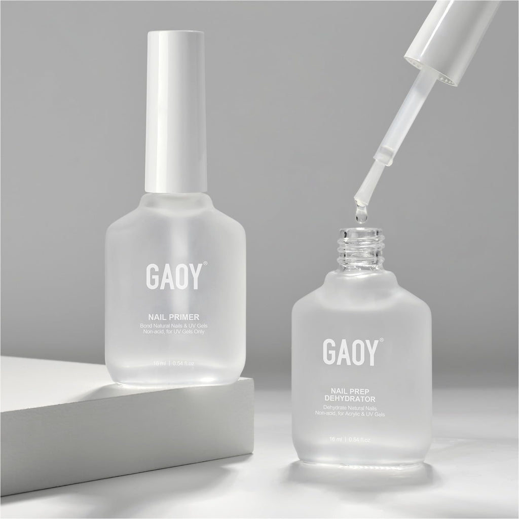 GAOY 16ml Nail Dehydrator and Primer with Gel Top and Base Coat, 4 Pcs Acid-Free Natural Nail Prep Dehydrate Bond Primer Professional Set, for Gel Polish
