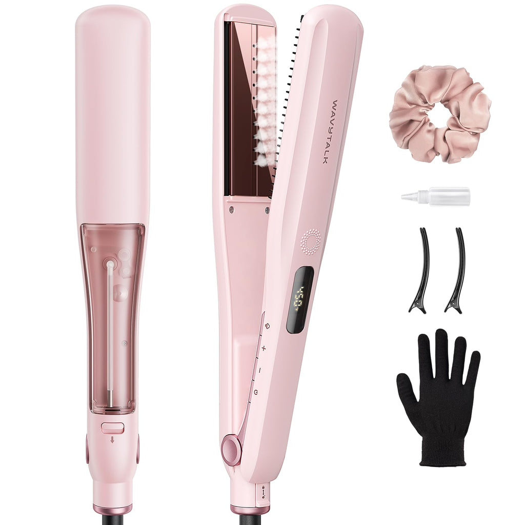 Wavytalk Steam Hair Straightener Steam Sesh for Less Heat Damage, Flat Iron | Detachable Comb, Steam Nourishes, Speeds Straightening, Fights Humidity & Frizz, Nano Titanium 1.38'' Plate, 5 Heat, Pink