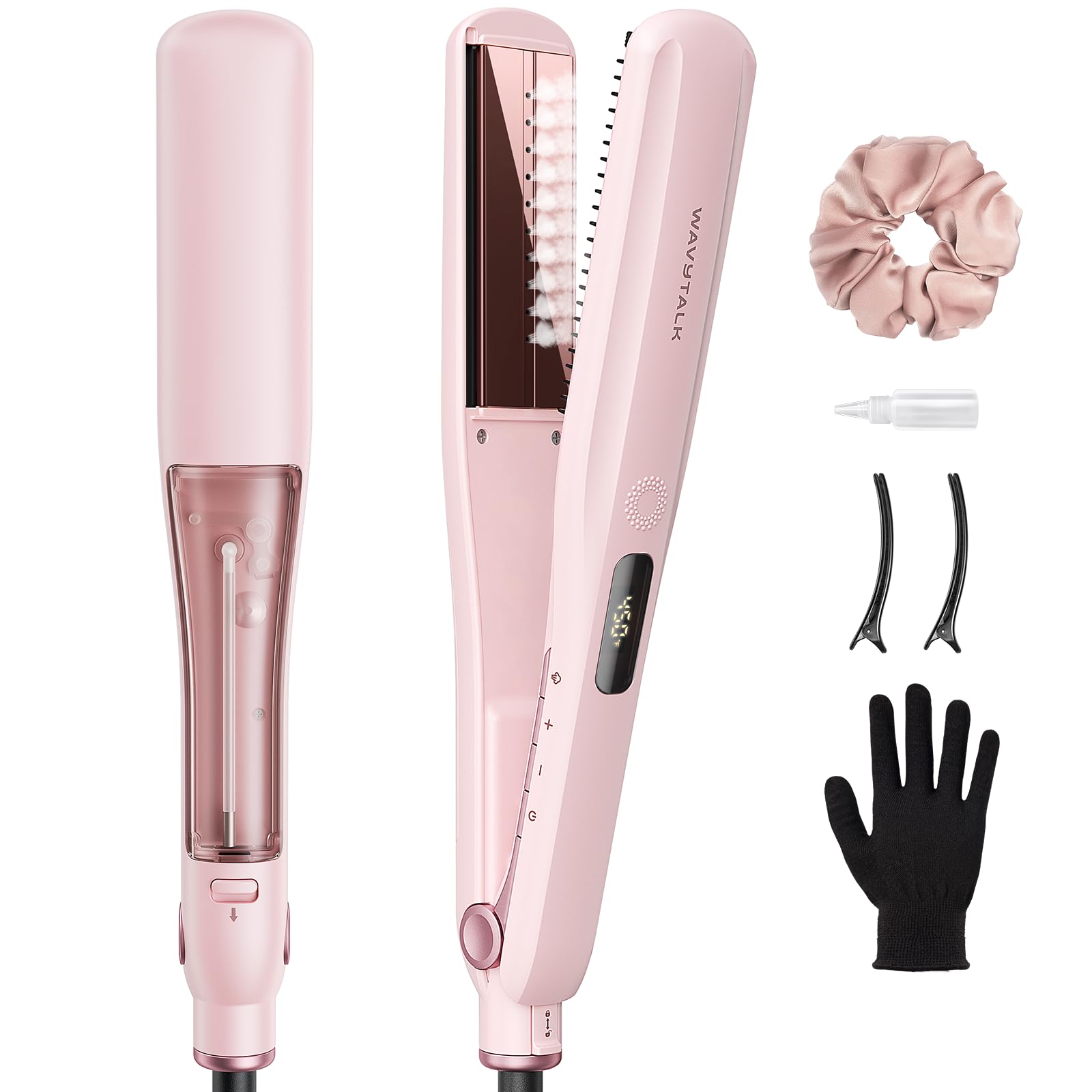 Wavytalk Steam Hair Straightener Steam Sesh for Less Heat Damage, Flat Iron | Detachable Comb, Steam Nourishes, Speeds Straightening, Fights Humidity & Frizz, Nano Titanium 1.38'' Plate, 5 Heat, Pink