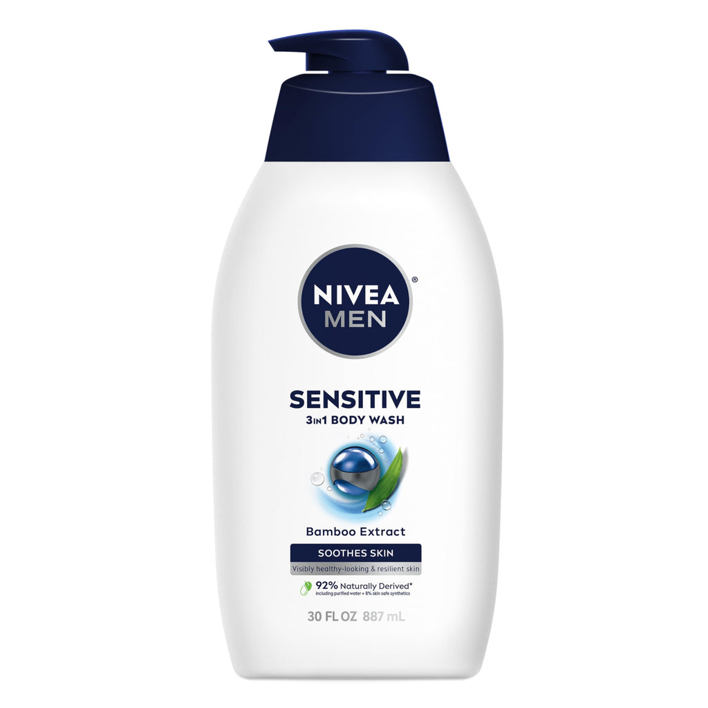 Nivea Men Sensitive Body Wash with Bamboo Extract, Moisturizing Body Wash for Sensitive Skin, Soap Free Shower Gel for Men with No Drying Alcohol, 30 Fl Oz Bottle (Pack of 2)